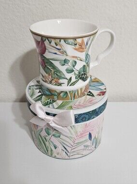 Porcelain Floral Coffee Cup with Decorative Round Gift Box - White/Multi